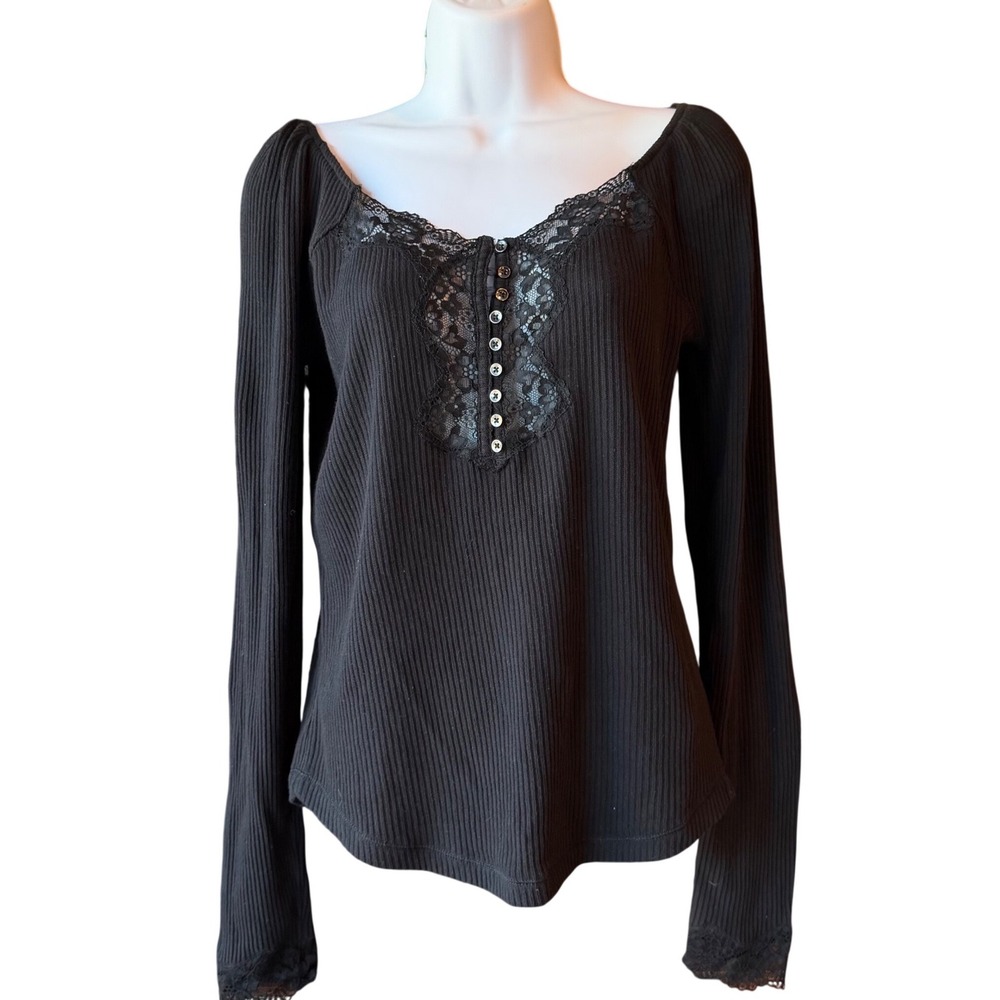 Free People Black Lace Ribbed Long Sleeve Henley Top Women's Size Mmedium
